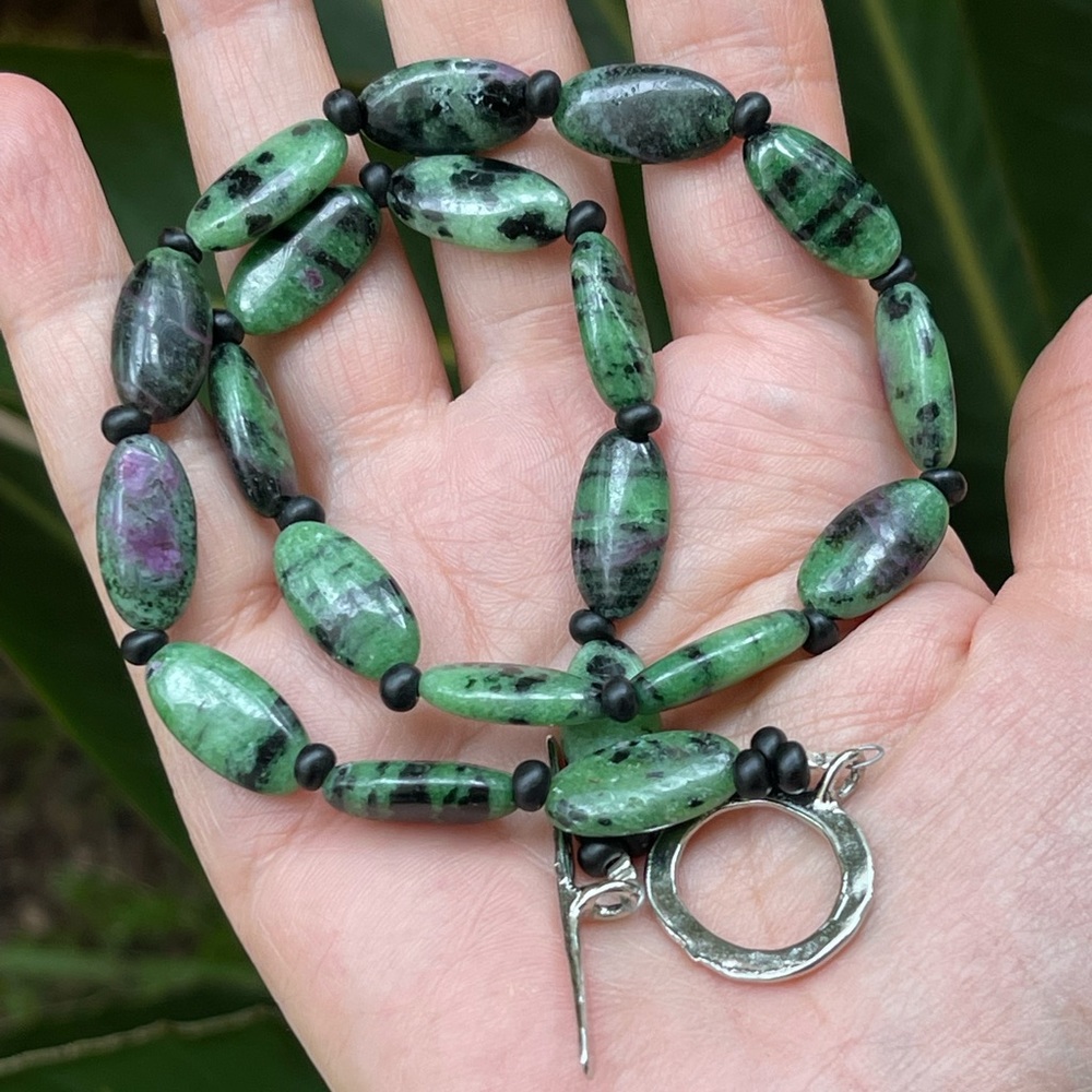 Ruby in zoisite elongated bead silver toggle clasp necklace